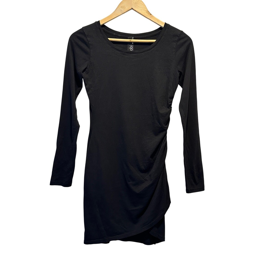 Bobi Los Angeles Ruched Mini Dress Women XS Black Long Sleeve Cotton Bodycon LBD